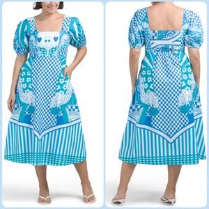 Celina Moon Queen of Hearts Blue Teal Puff Sleeve Midi Dress Women’s Size Large